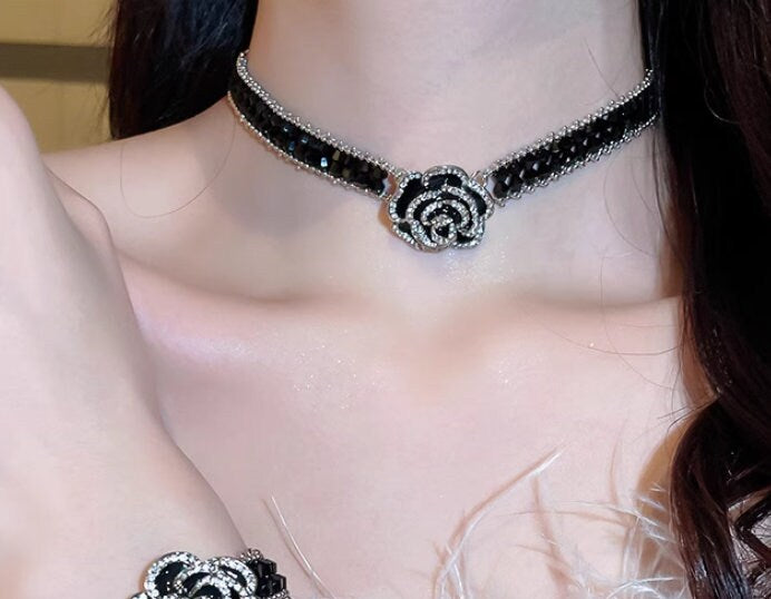 Black Camellia Flower Choker with Crystal Elegance