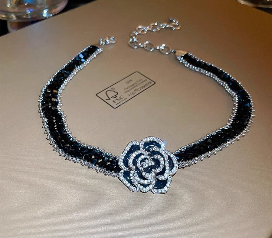 Black Camellia Flower Choker with Crystal Elegance