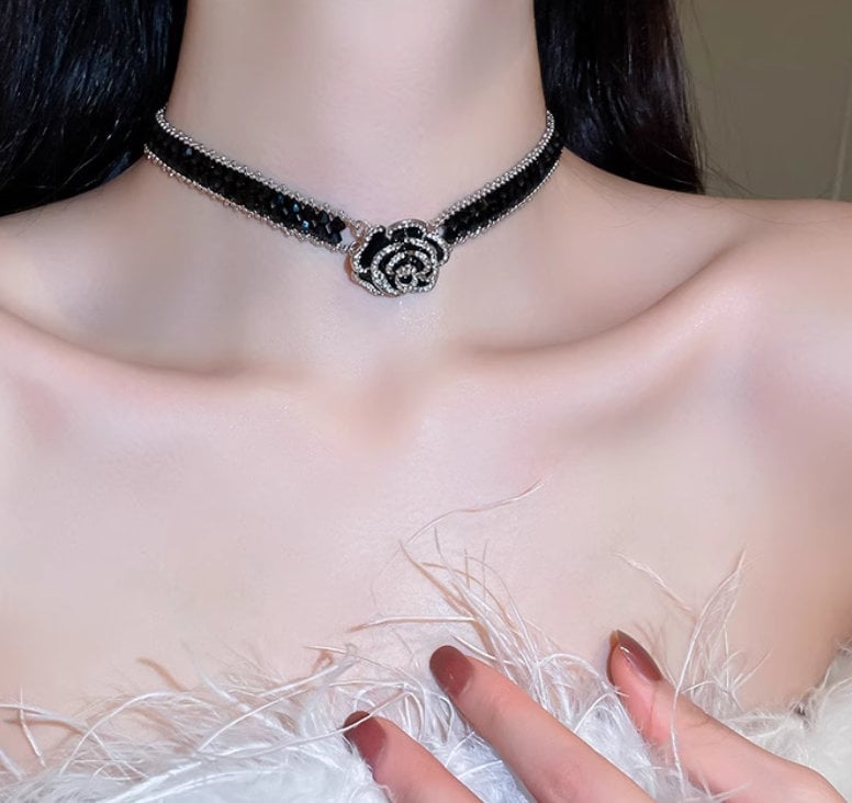 Black Camellia Flower Choker with Crystal Elegance