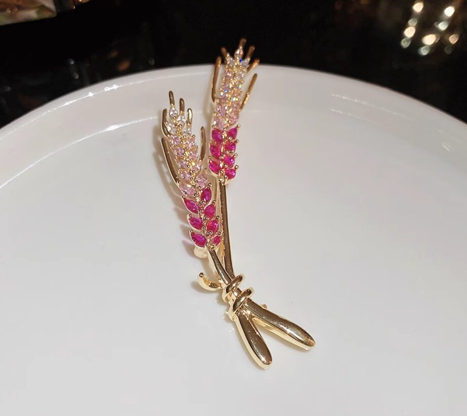 Wheat and Barley Brooch with Real Gold Plating, Sparkling Crystals, Cubic Zirconia, Pave Diamonds, and Ruby Accent, gift for her, for wife