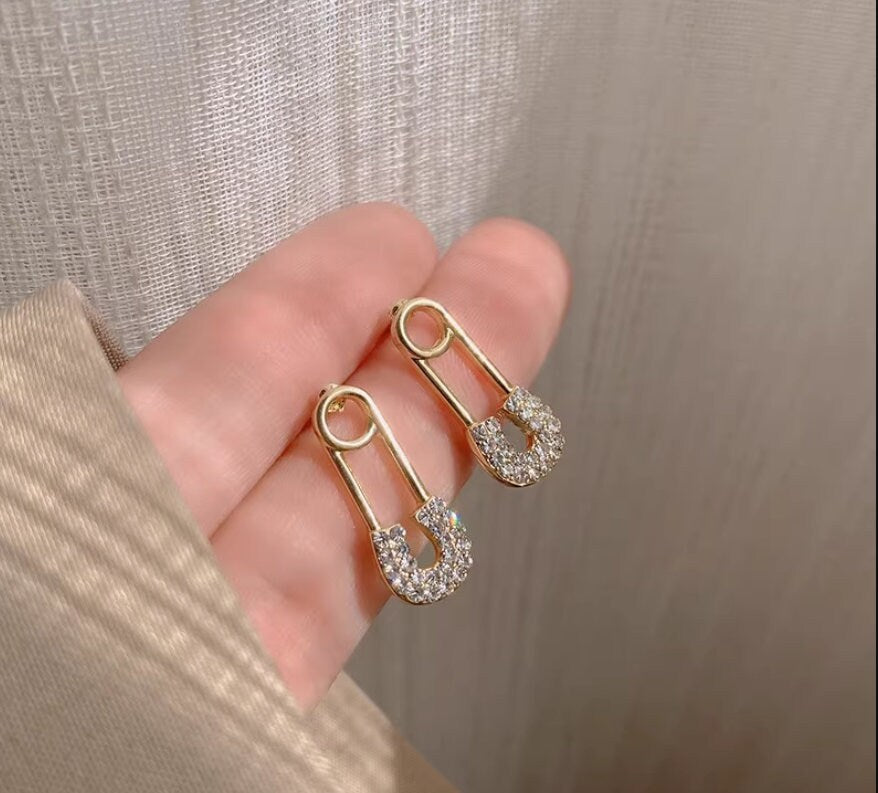 Pin Earrings, gold minimal earrings, Sparkling Pave Diamond & Unique jewelry, gift for friends, birthday ideas