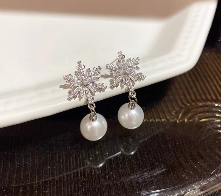 Snowflakes Pearl Earrings - Luxury Crystal Frost, 925 Silver Posts - Valentine gift Jewelry, winter jewelry, gift for her