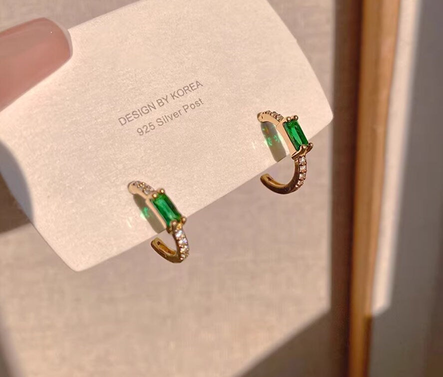 Minimal Gold Earrings, Crescent Shaped Green Cubic Zirconia Earrings -925 Silver Posts with Stunning Emerald Cut Gems, perfect daily jewelry