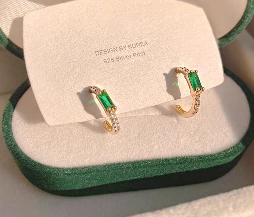 Minimal Gold Earrings, Crescent Shaped Green Cubic Zirconia Earrings -925 Silver Posts with Stunning Emerald Cut Gems, perfect daily jewelry