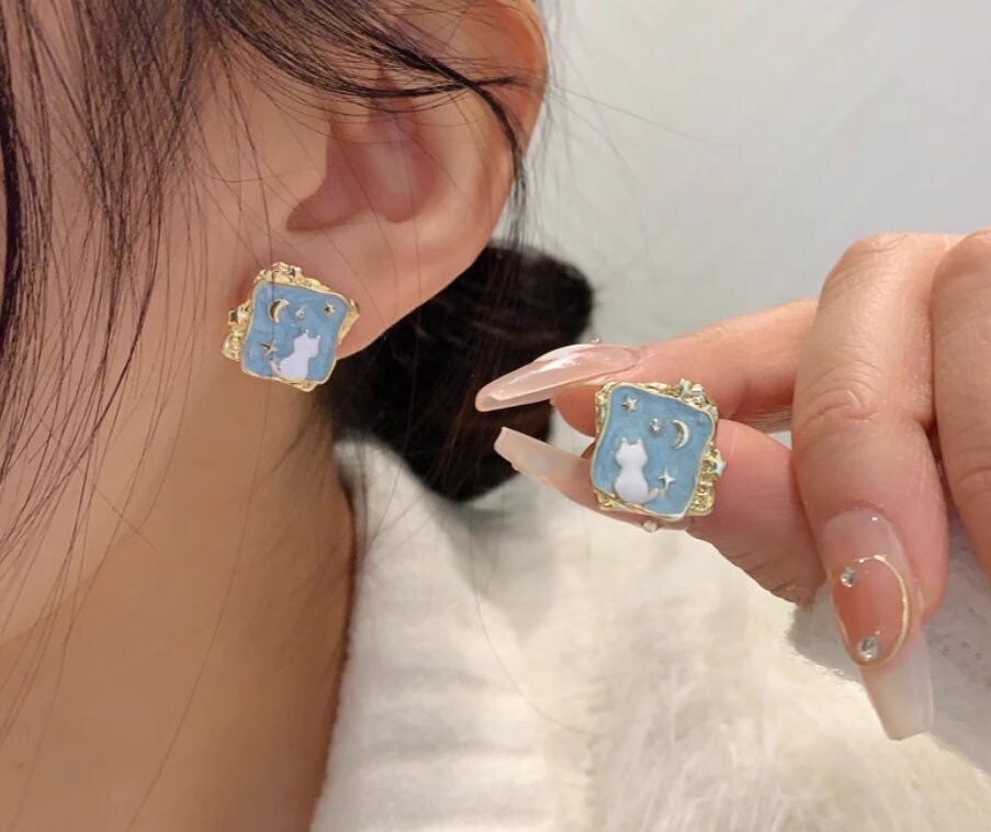 Starry Cat Enamel Blue Irregular-Shaped Earrings - Fun Feline Jewelry for Cosmic Style, gift for cat lovers, playful jewelry