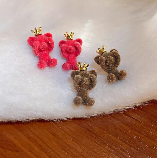 Adorable Velvet Fluffy Bear & Crown, Earrings for Girls, Kawaii Jewelry, Cute Girl Earrings for a Whimsical Look, Korean earrings