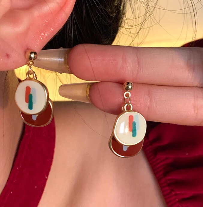 Handmade earrings, Enamel Earrings, Golden Geometric Dreams: Artistic Abstract - Chic Statement 925 Jewelry, earring for women, gift for her