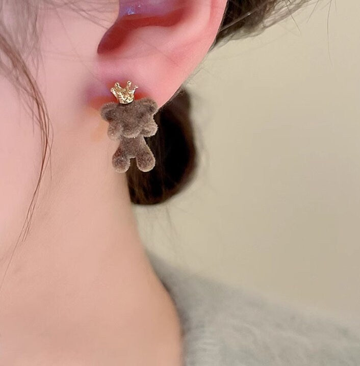 Adorable Velvet Fluffy Bear & Crown, Earrings for Girls, Kawaii Jewelry, Cute Girl Earrings for a Whimsical Look, Korean earrings