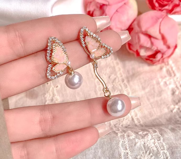 Crystal Butterfly Pearl Dangling Earrings - Elegant Pink crystal with Pave Diamond