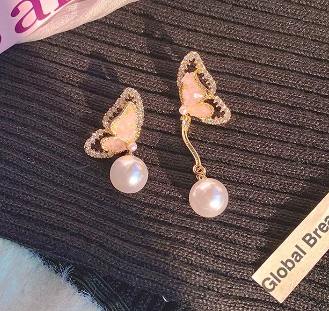 Crystal Butterfly Pearl Dangling Earrings - Elegant Pink crystal with Pave Diamond