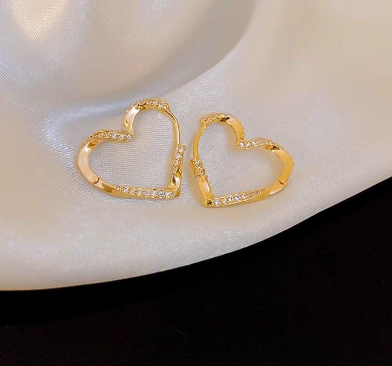 Heart hoop earrings- Diamond Pave Hollow earrings with Real Gold Plating - Radiant Romance Sparkling, minimal earrings, gold heart earrings