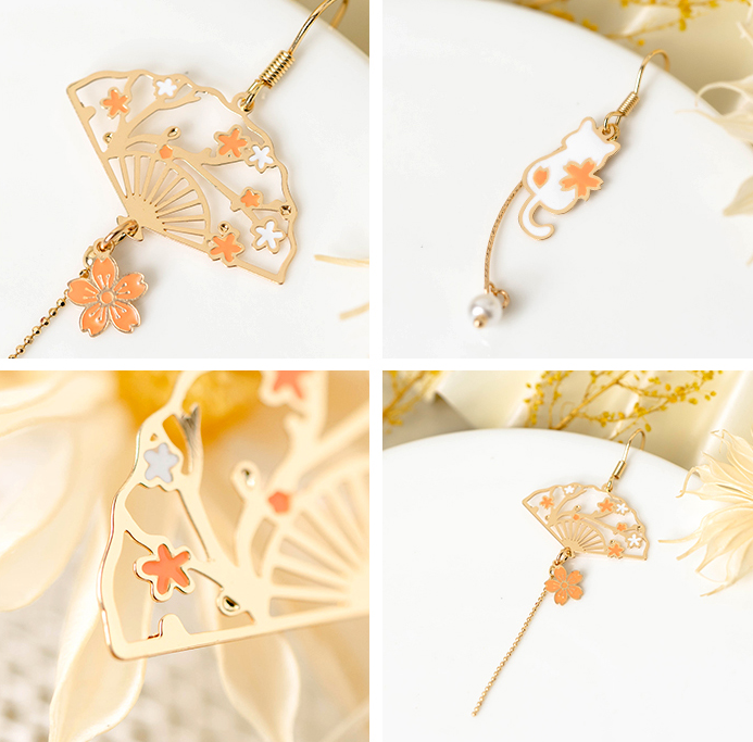 Cat and fan cherry blossom earrings