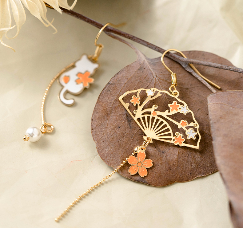 Cat and fan cherry blossom earrings