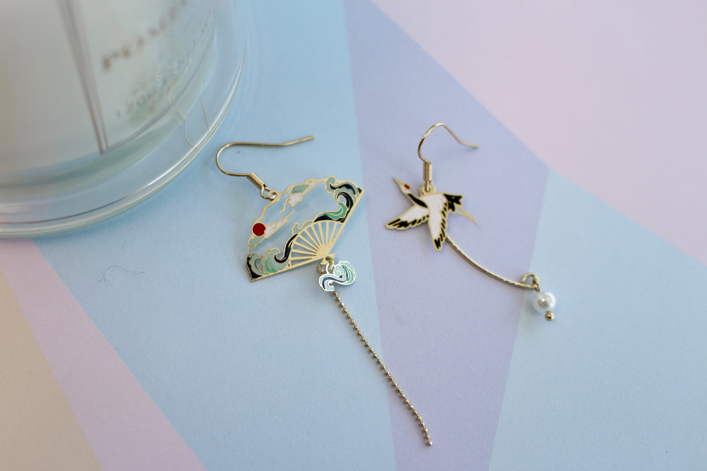 Oriental Fan and Crane Earrings