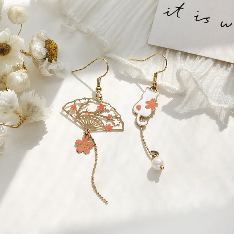 Cat and fan cherry blossom earrings