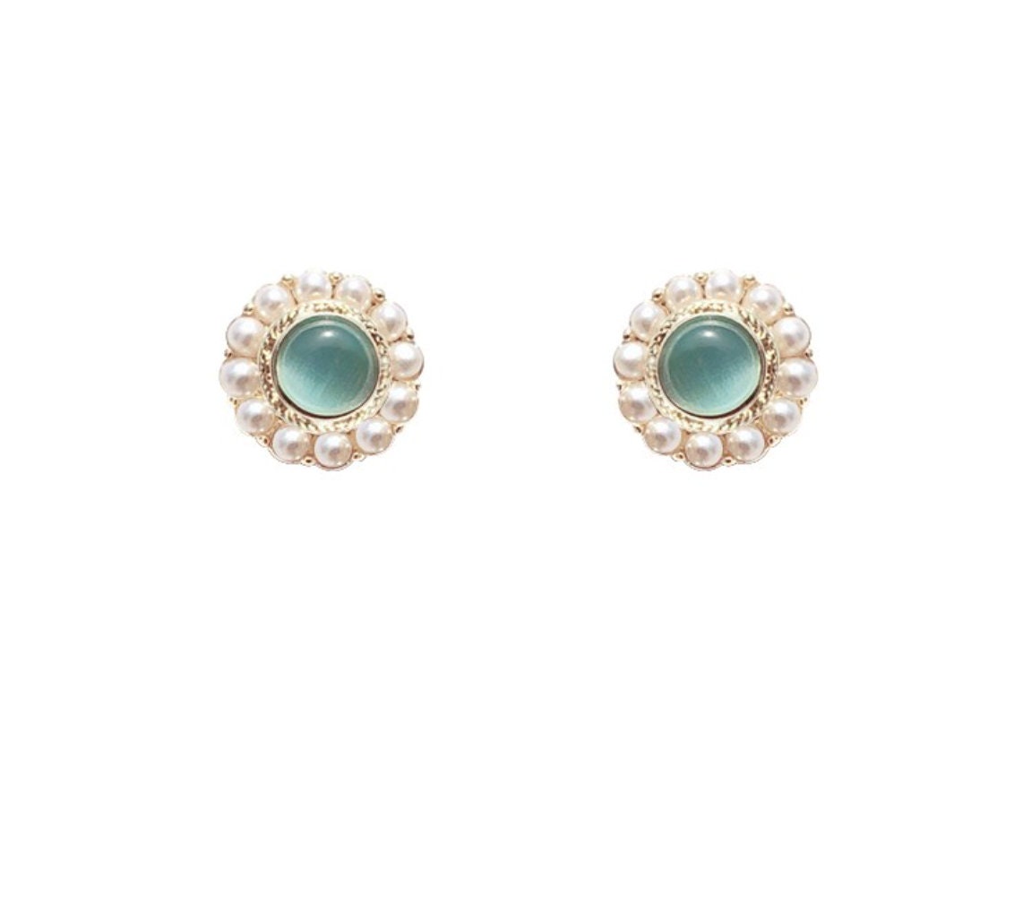 Vintage baroque pearl green opal stud earrings