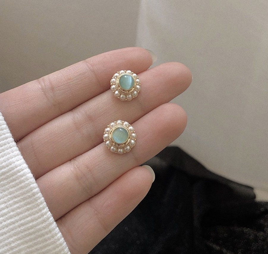 Vintage baroque pearl green opal stud earrings