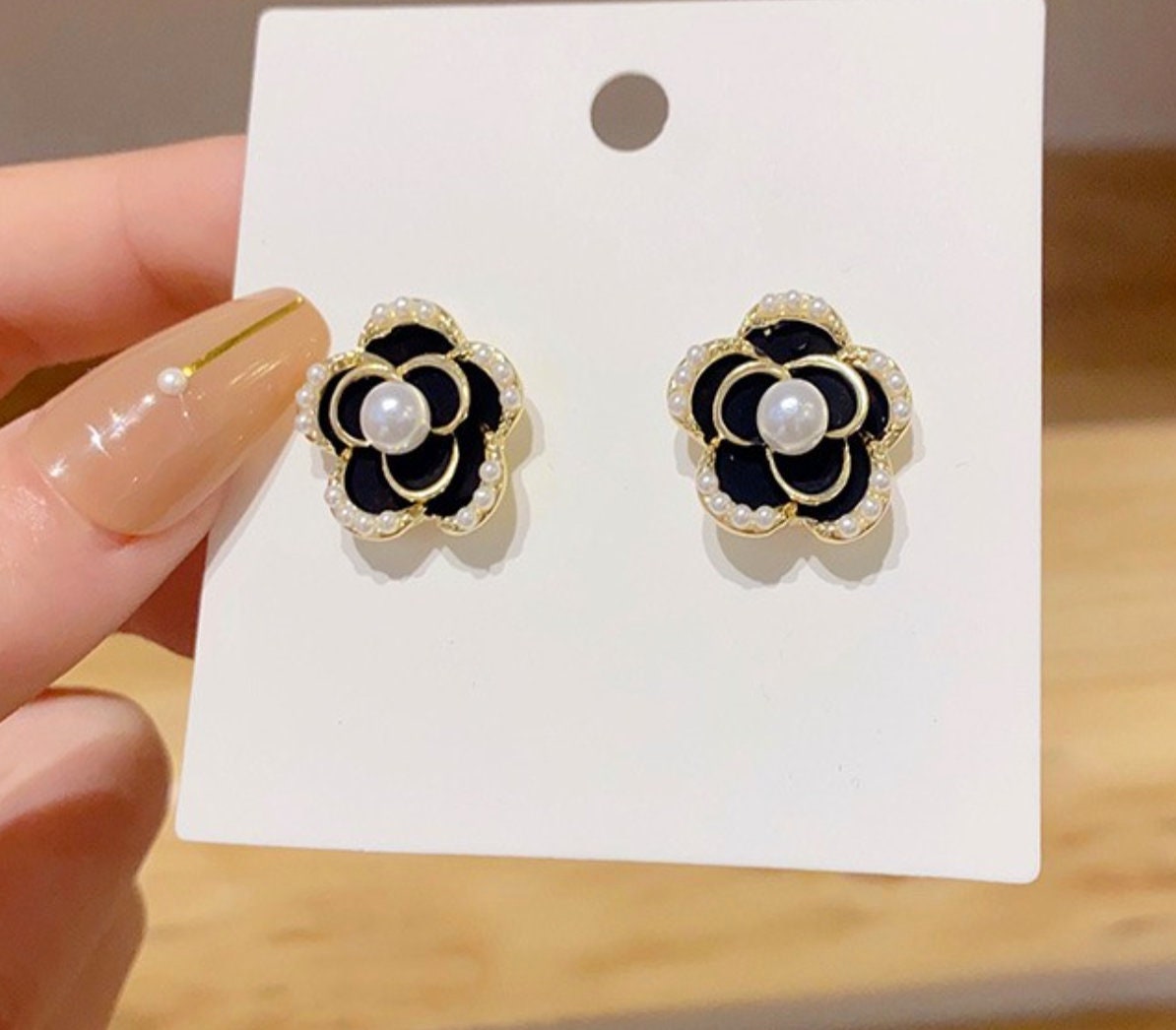 Black Camellia Pearl Stud Earrings