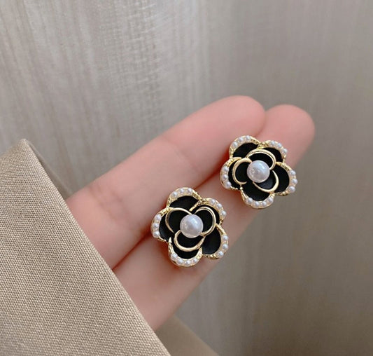 Black Camellia Pearl Stud Earrings