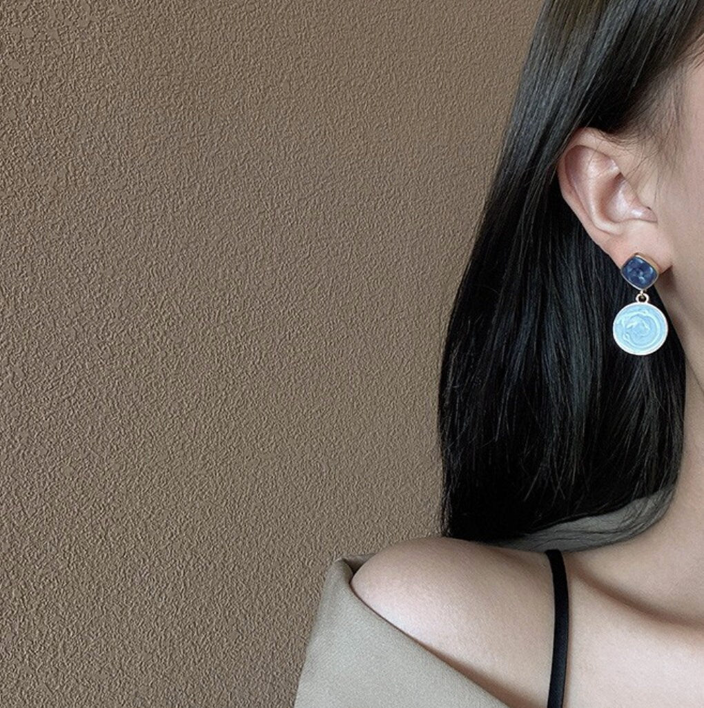 Blue Geo Asymmetric Dangle Earrings