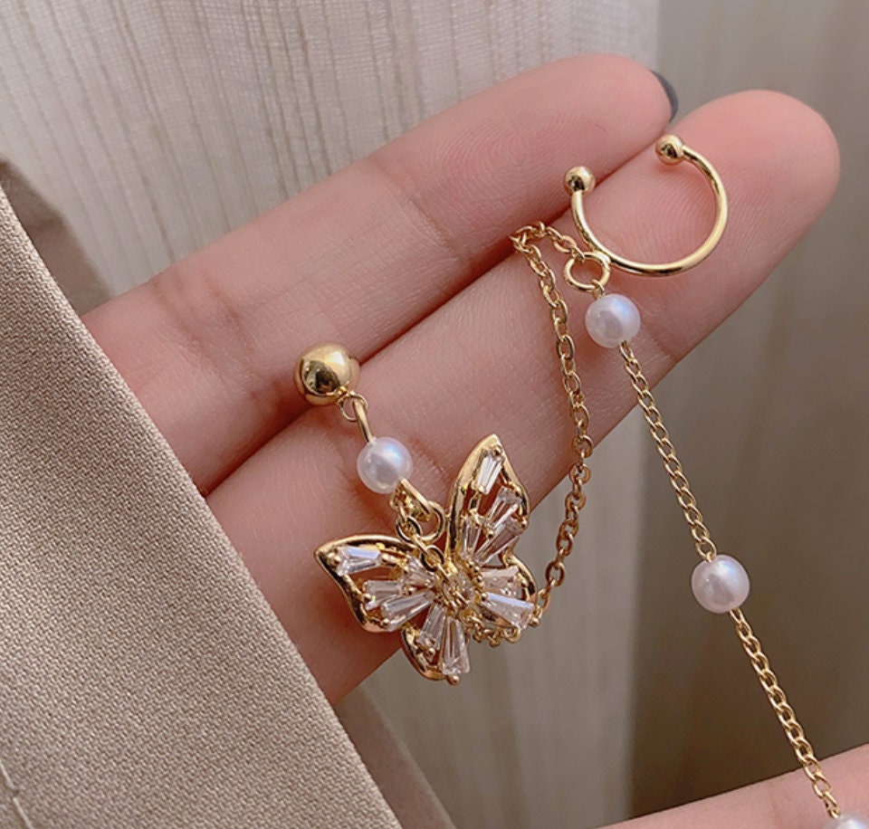 Fairy butterfly pearl earrings, ear cuff (1pc)