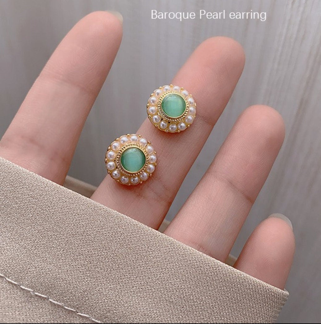 Vintage baroque pearl green opal stud earrings