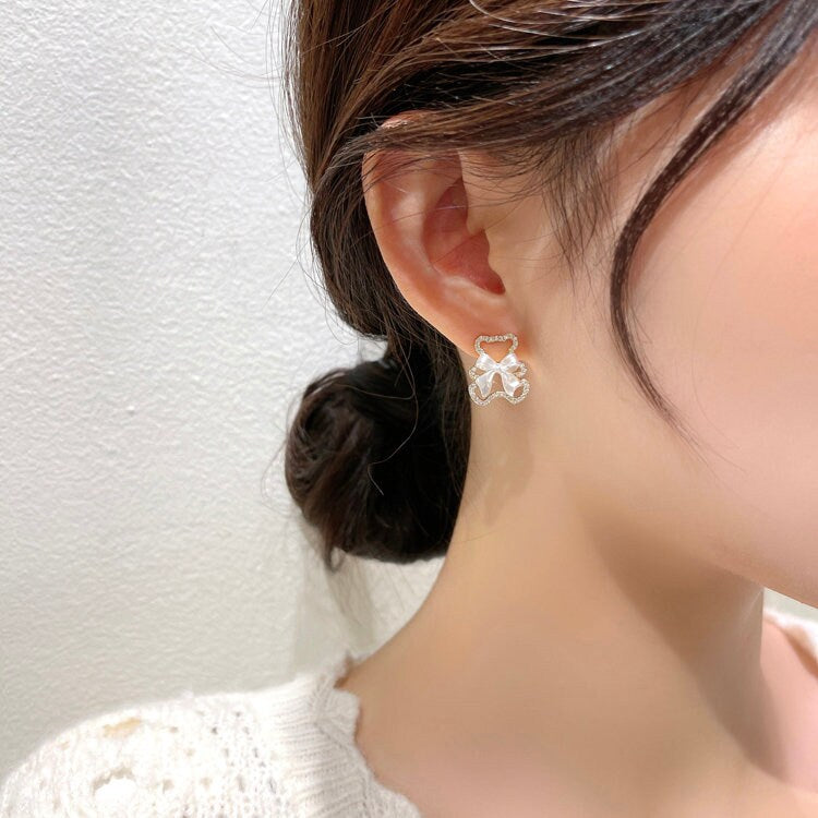 Teddy bear pave earrings- cubic zirconia, dangle, studs, Korean style, jewellery gifts for her