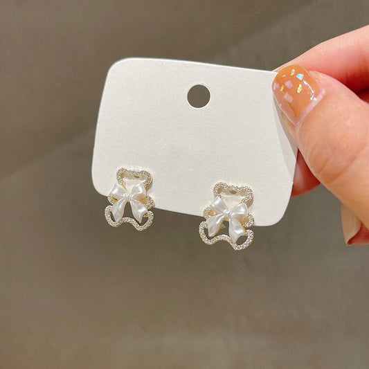 Teddy bear pave earrings- cubic zirconia, dangle, studs, Korean style, jewellery gifts for her