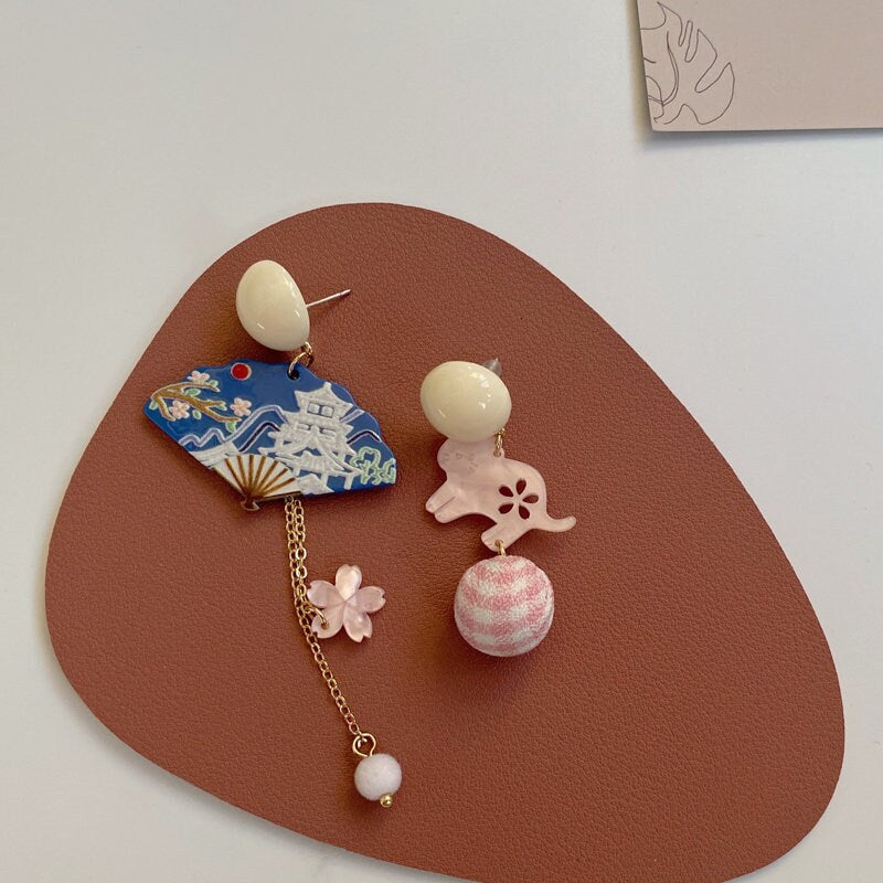 Sakura Fan and Cat Tassel Earrings