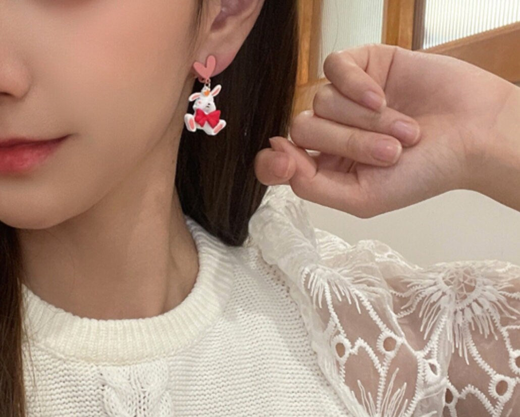 Pink Enamel Rabbit Earrings