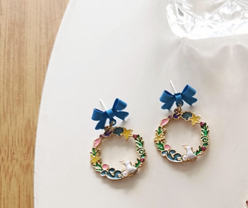 Blue Ribbon, Star and Rabbit Dangle Earrings