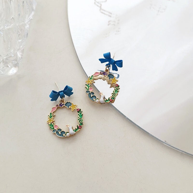 Blue Ribbon, Star and Rabbit Dangle Earrings