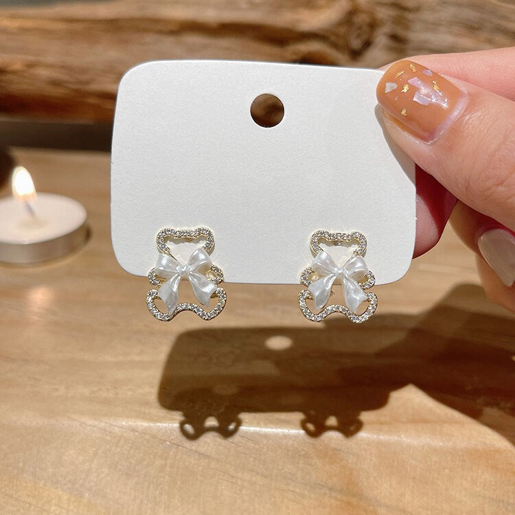 Teddy bear pave earrings- cubic zirconia, dangle, studs, Korean style, jewellery gifts for her