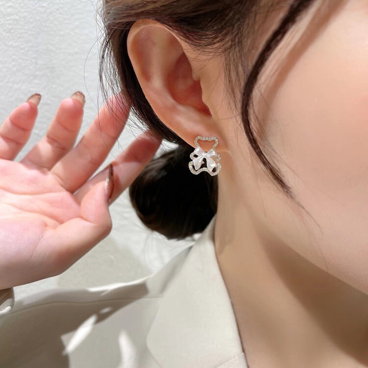 Teddy bear pave earrings- cubic zirconia, dangle, studs, Korean style, jewellery gifts for her