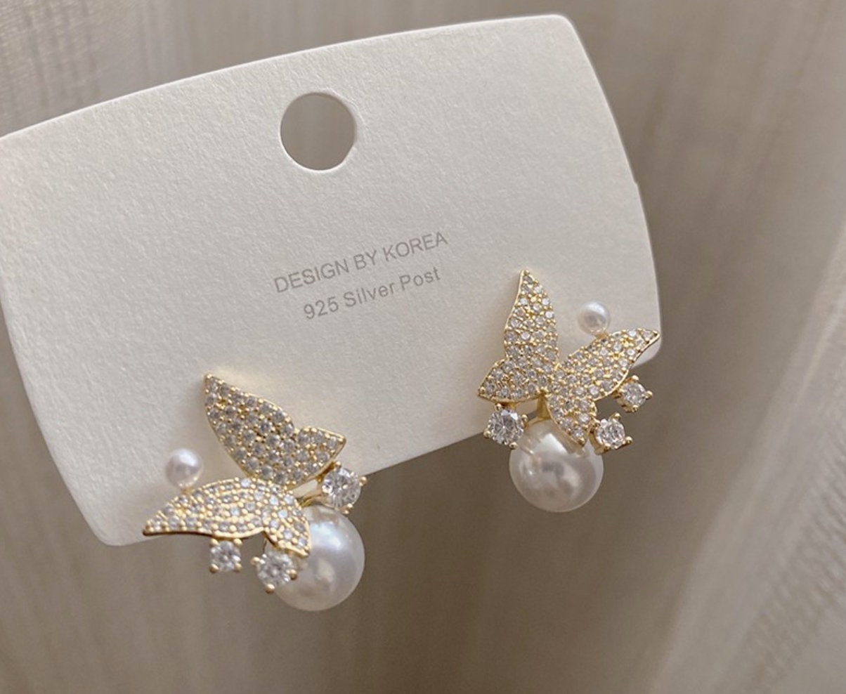 Pavé Butterfly Pearl Earrings