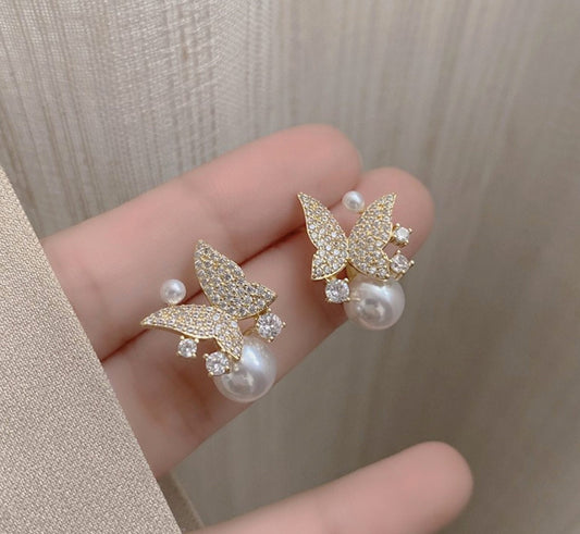 Pavé Butterfly Pearl Earrings