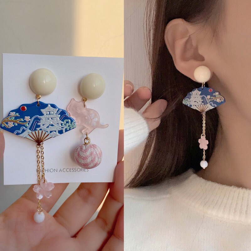 Sakura Fan and Cat Tassel Earrings