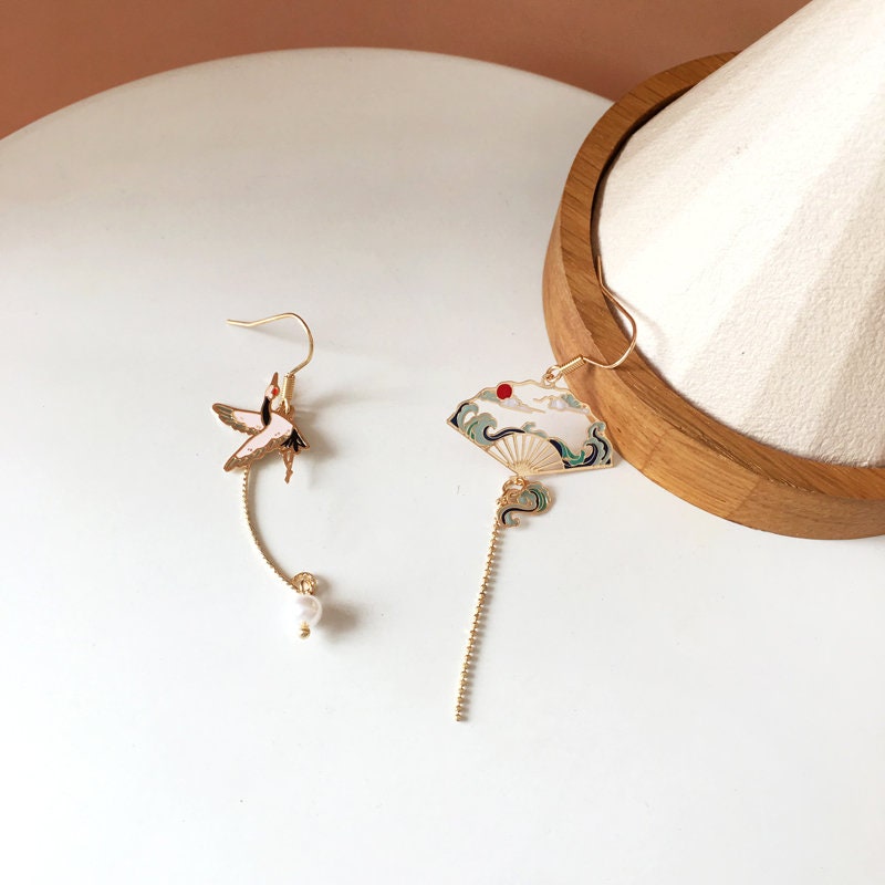 Oriental Fan and Crane Earrings