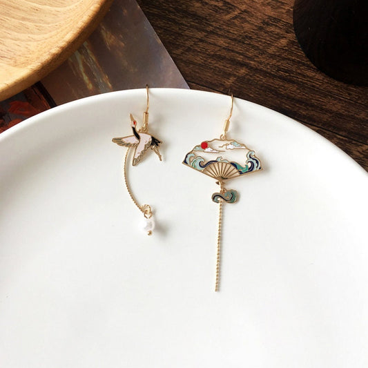 Oriental Fan and Crane Earrings