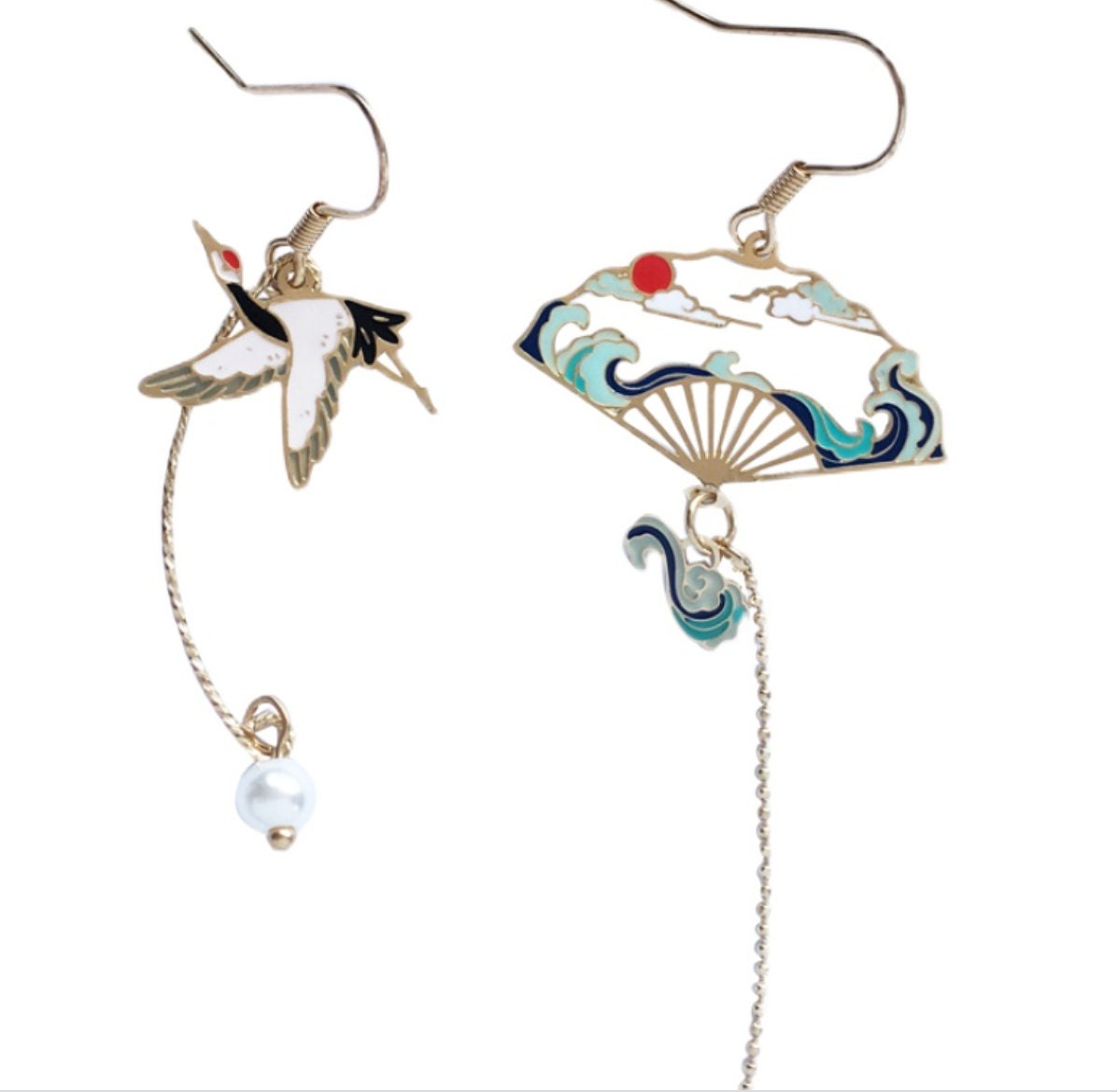 Oriental Fan and Crane Earrings