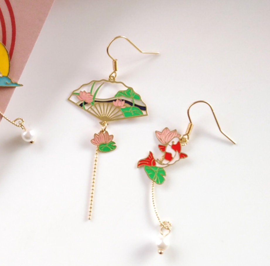 Lucky Fish and fan oriental earrings