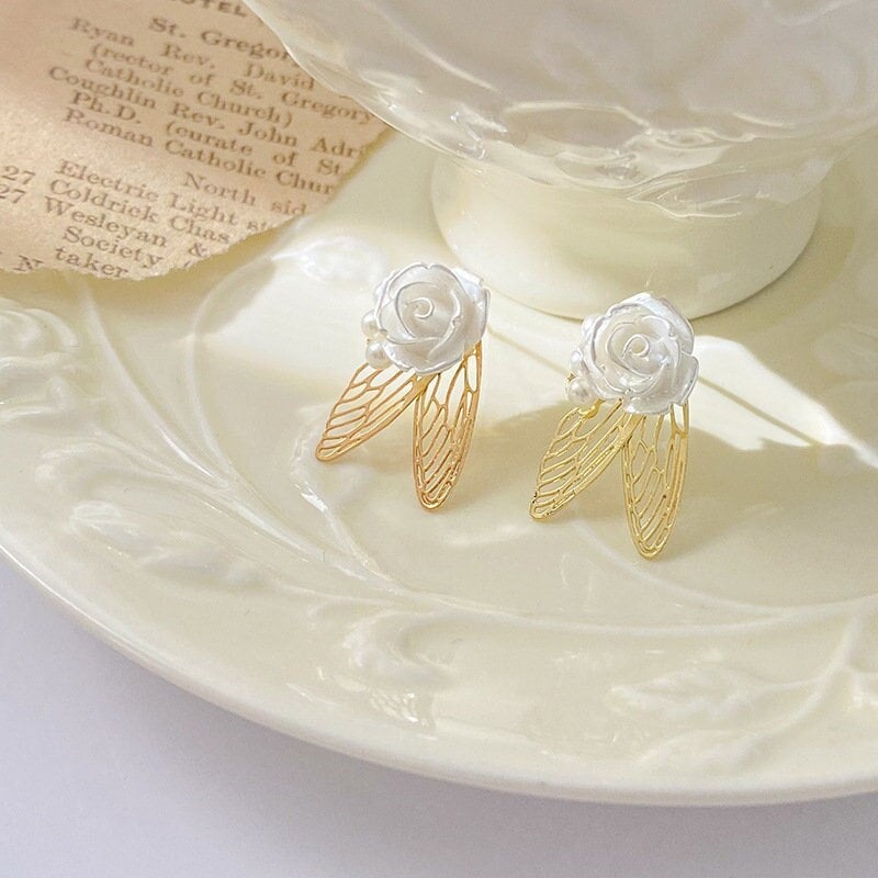 Rose earrings, butterfly earrings, pearl earrings, wings earrings