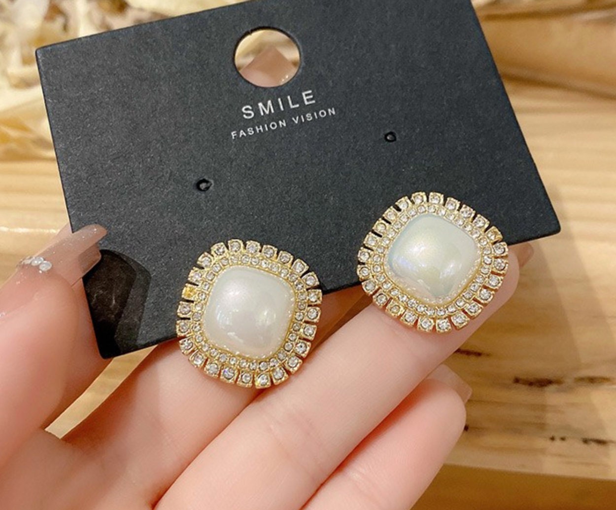 Pearl earrings, vintage bold diamond earrings