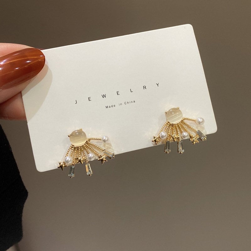 Fan pearl earrings, gold earrings, opal earrings, dainty earrings