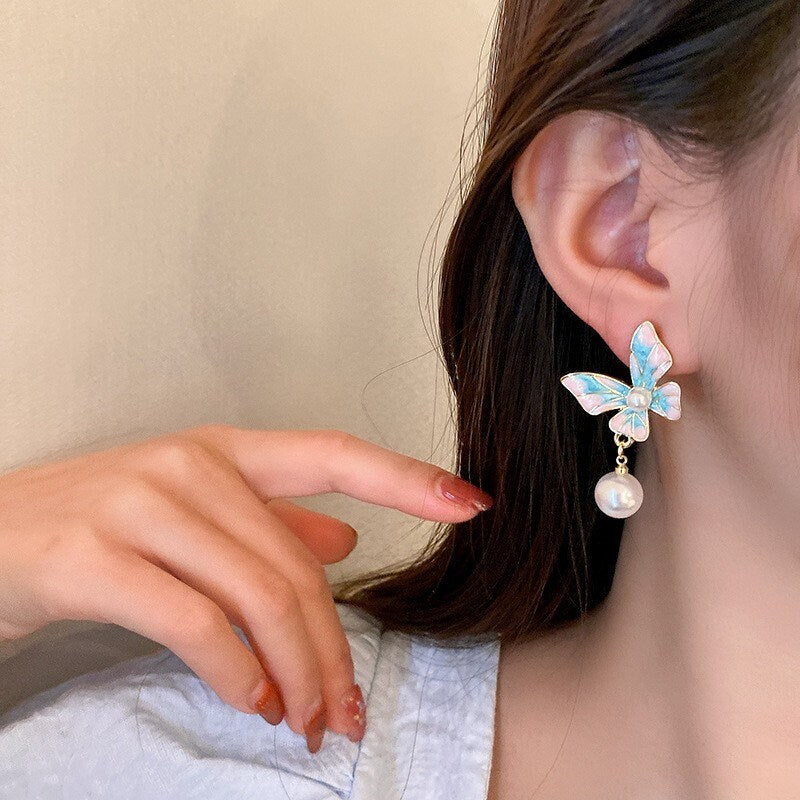 Butterfly earrings, pearl earrings, wing earrings, enamel earrings