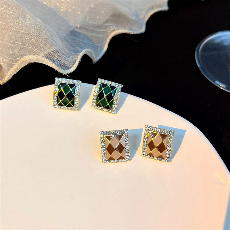 Art deco diamond square earrings, CZ earrings, malachite earrings, mother of pearl earrings