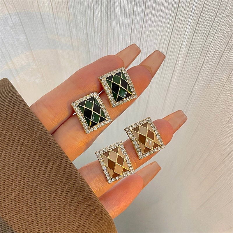 Art deco diamond square earrings, CZ earrings, malachite earrings, mother of pearl earrings