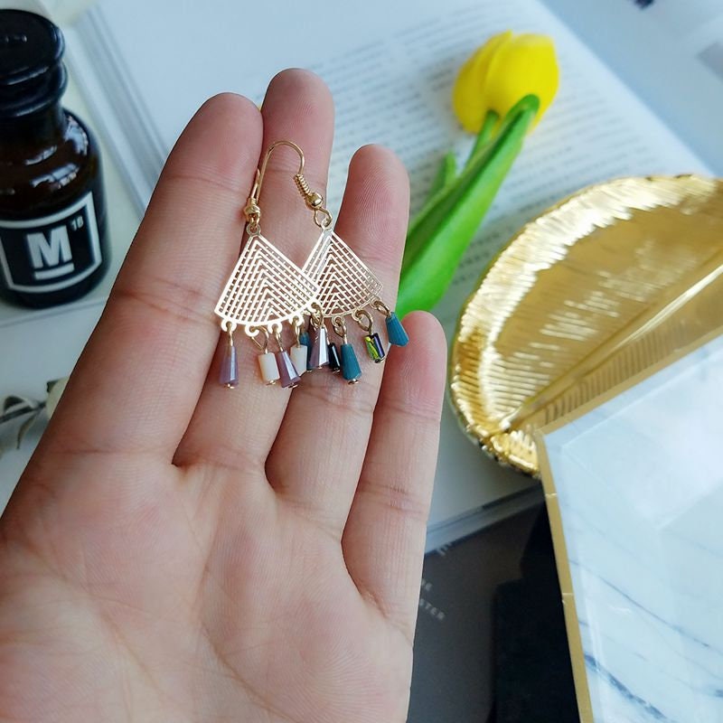 Fan tassel earrings, minimal fan earrings