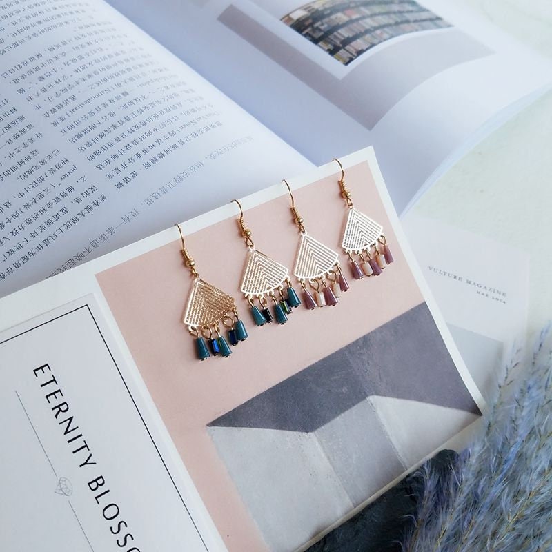 Fan tassel earrings, minimal fan earrings