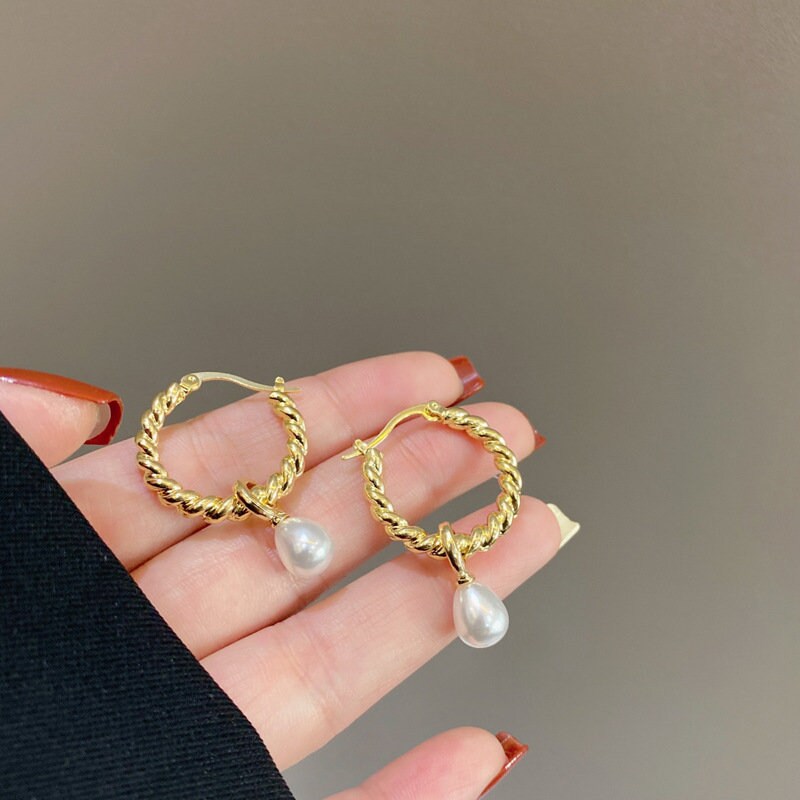 Pearl hoop earrings, baroque pearl earrings